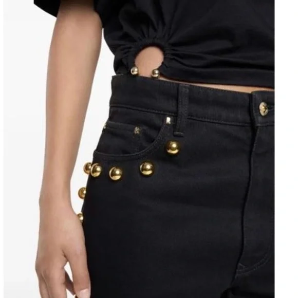 Paco Rabanne Black and Gold Flare Jeans with Studded Details